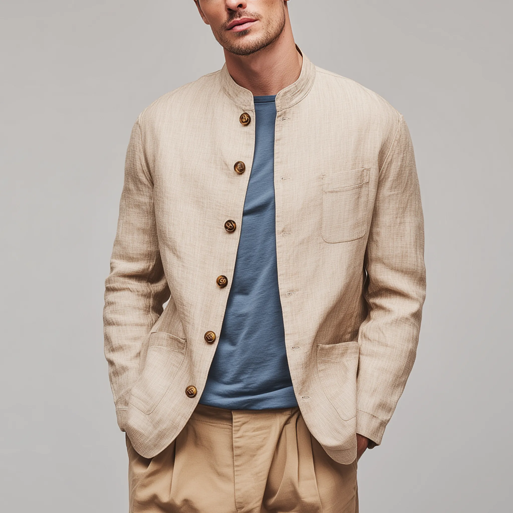 Men's Classic Retro Casual Cotton And Linen Blend Stand Collar Multi-pocket Jacket MTA0184H4K sold by Manly product image thumbnail 2