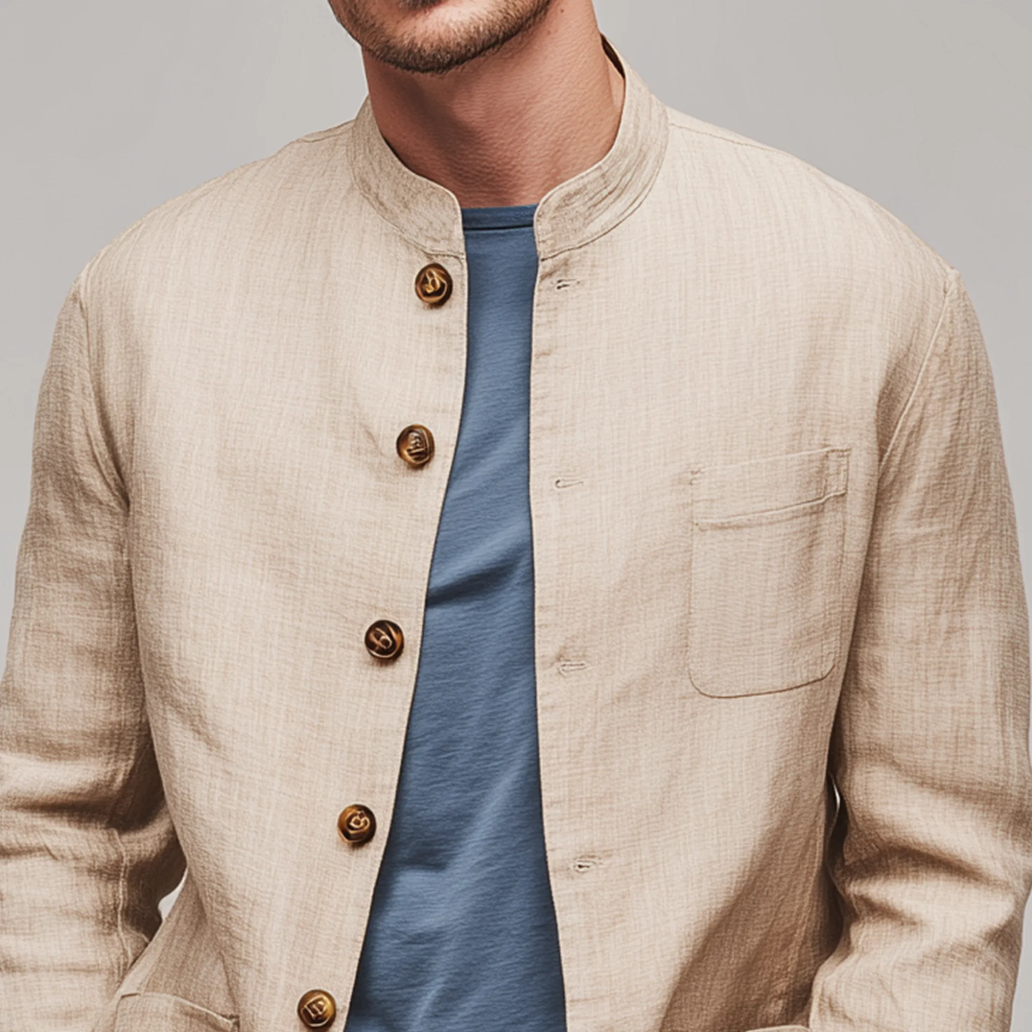 Men's Classic Retro Casual Cotton And Linen Blend Stand Collar Multi-pocket Jacket MTA0184H4K sold by Manly product image thumbnail 4