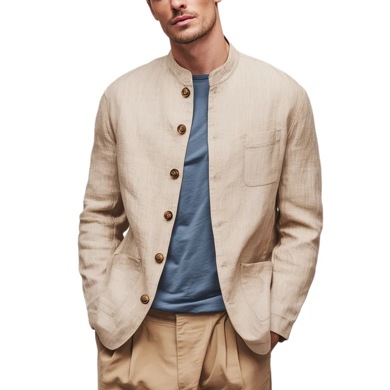 Men's Classic Retro Casual Cotton And Linen Blend Stand Collar Multi-pocket Jacket MTA0184H4K sold by Manly