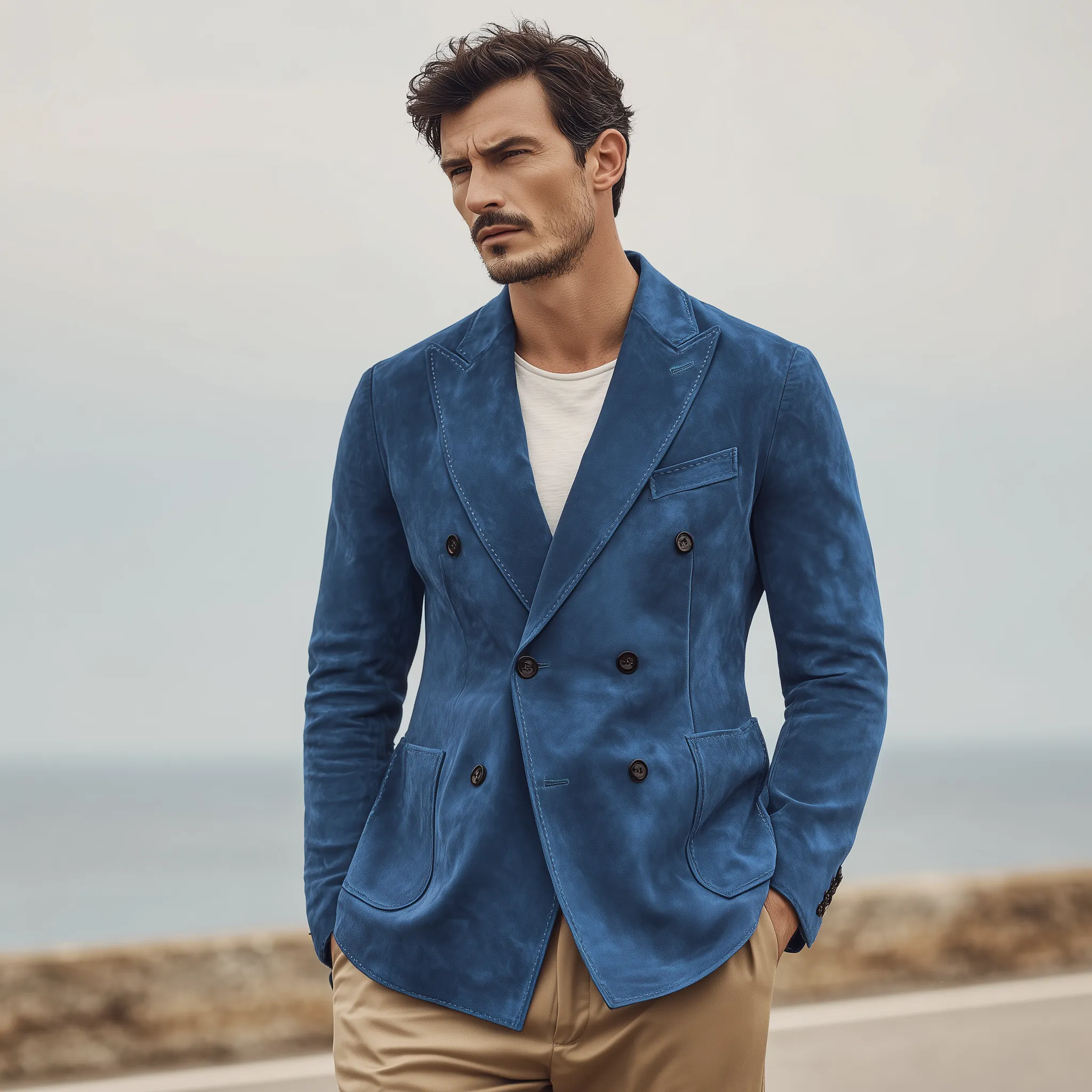 Men's Classic Vintage Double-breasted Suede Slim-fit Blazer MTA0136H2K sold by Manly product image thumbnail 3