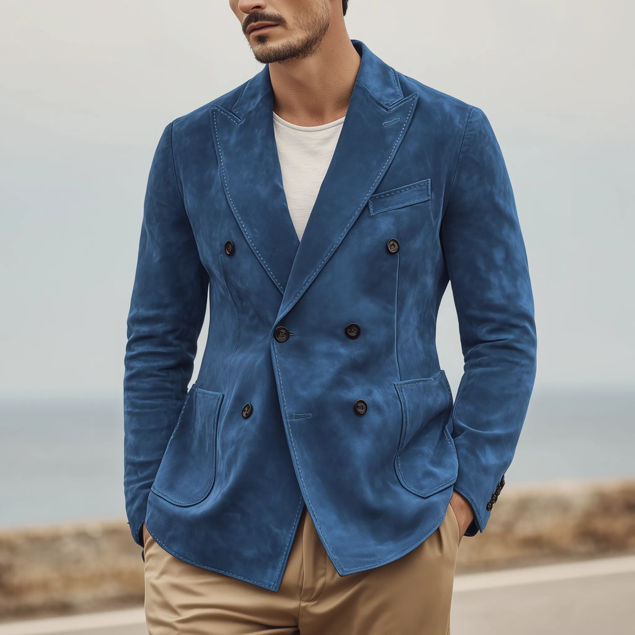 Men's Classic Vintage Double-breasted Suede Slim-fit Blazer MTA0136H2K sold by Manly product image thumbnail 2