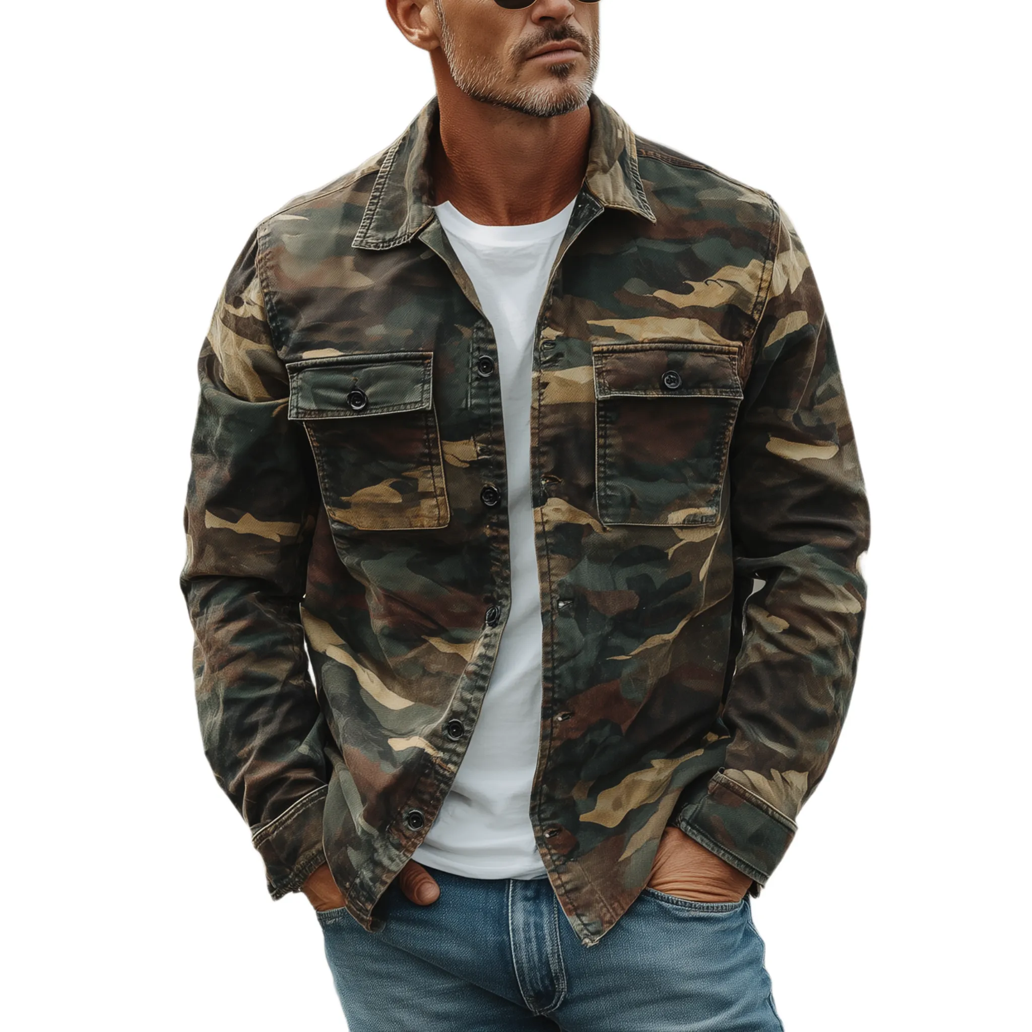 Men's Classic Vintage Washed Camouflage Cotton Blend Long Sleeve Shirt MTA3161G1K sold by Manly