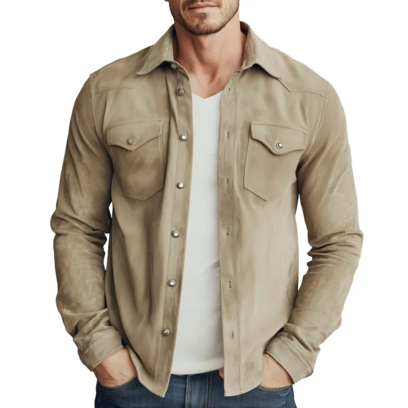 Men's Classic Casual Solid Color Thin Suede Metal Button Long Sleeve Shirt MTA0175H4K sold by Manly