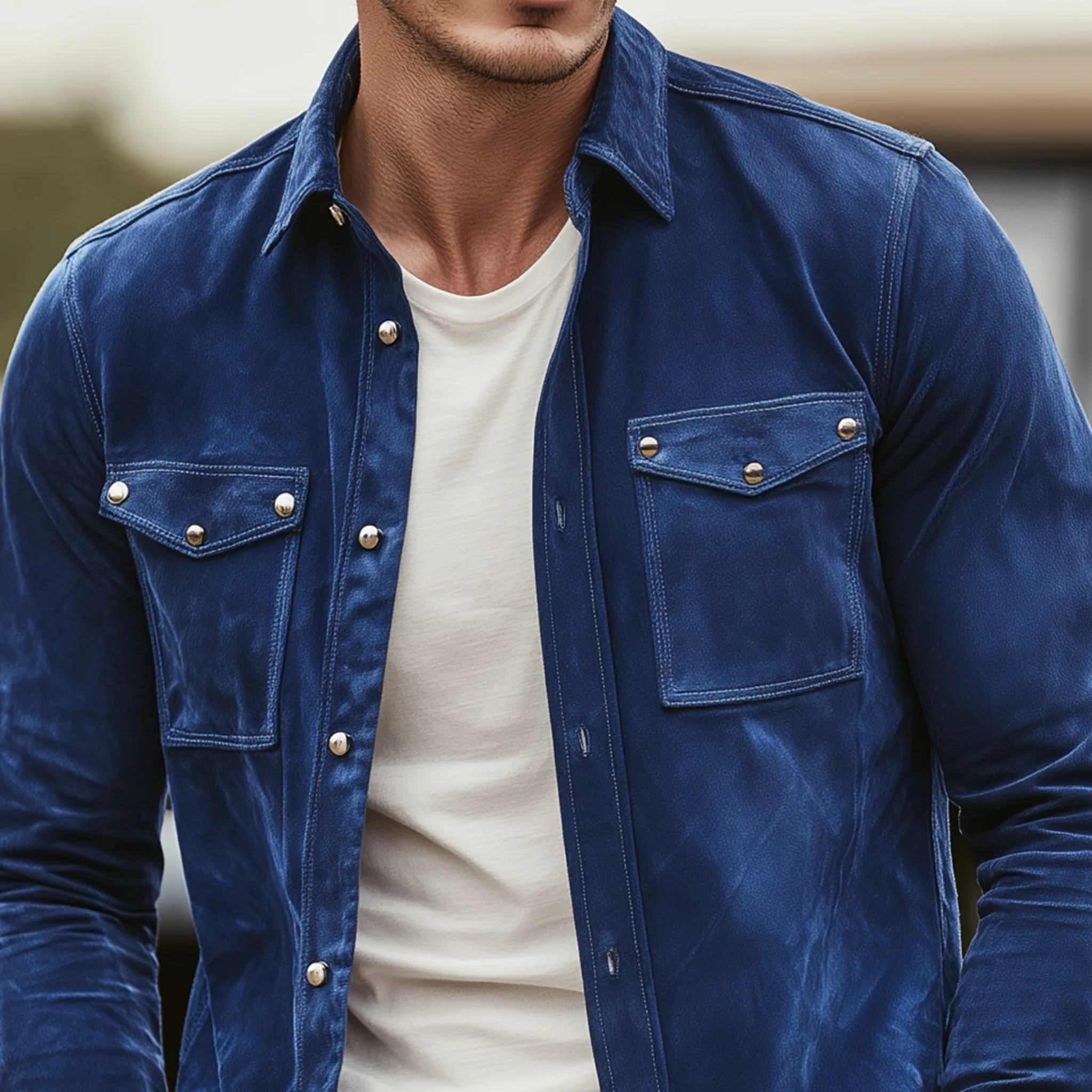 Men's Fashion Casual Pocket Decoration Metal Rivet Suede Long Sleeve Shirt MTA0104H0K sold by Manly product image thumbnail 3