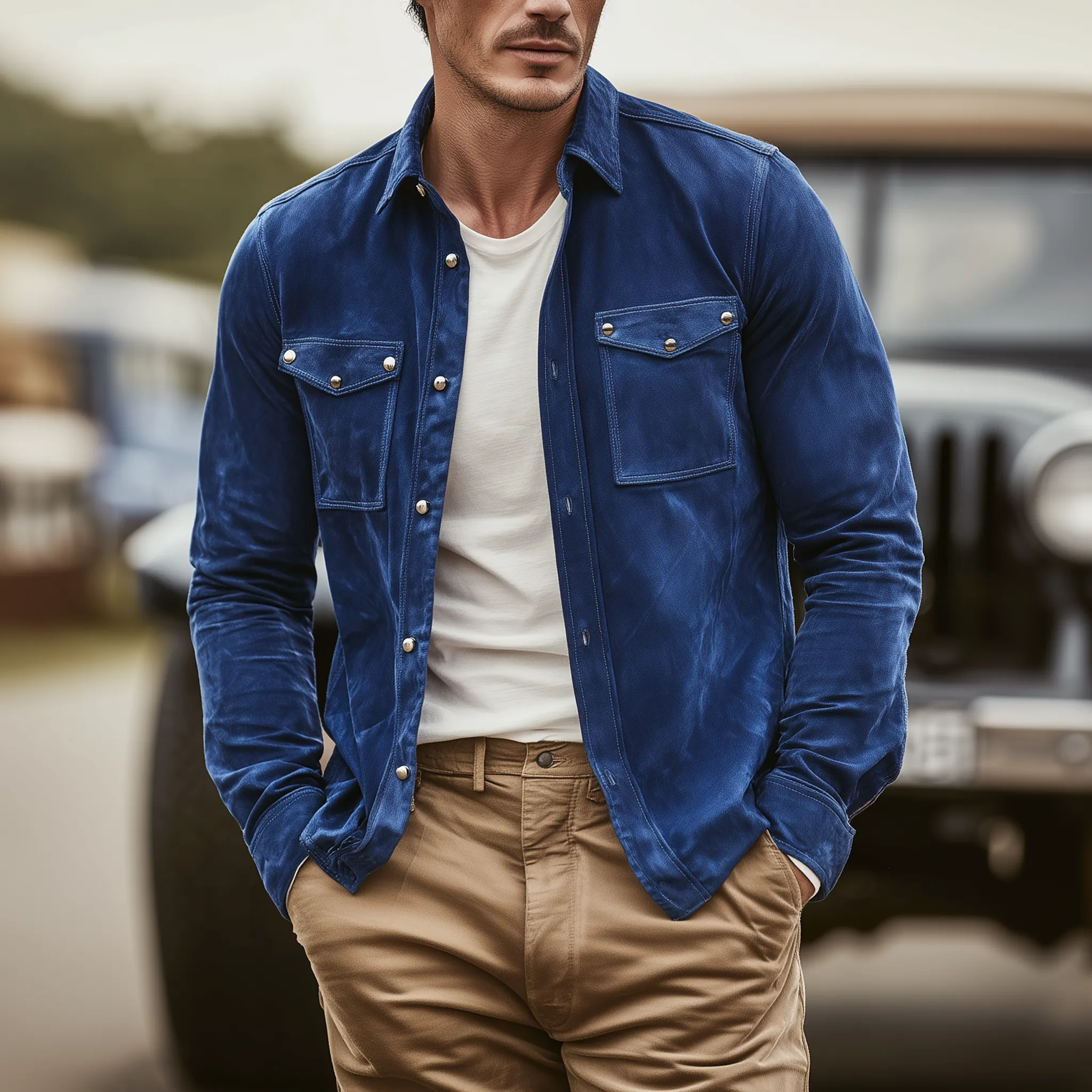 Men's Fashion Casual Pocket Decoration Metal Rivet Suede Long Sleeve Shirt MTA0104H0K sold by Manly product image thumbnail 2