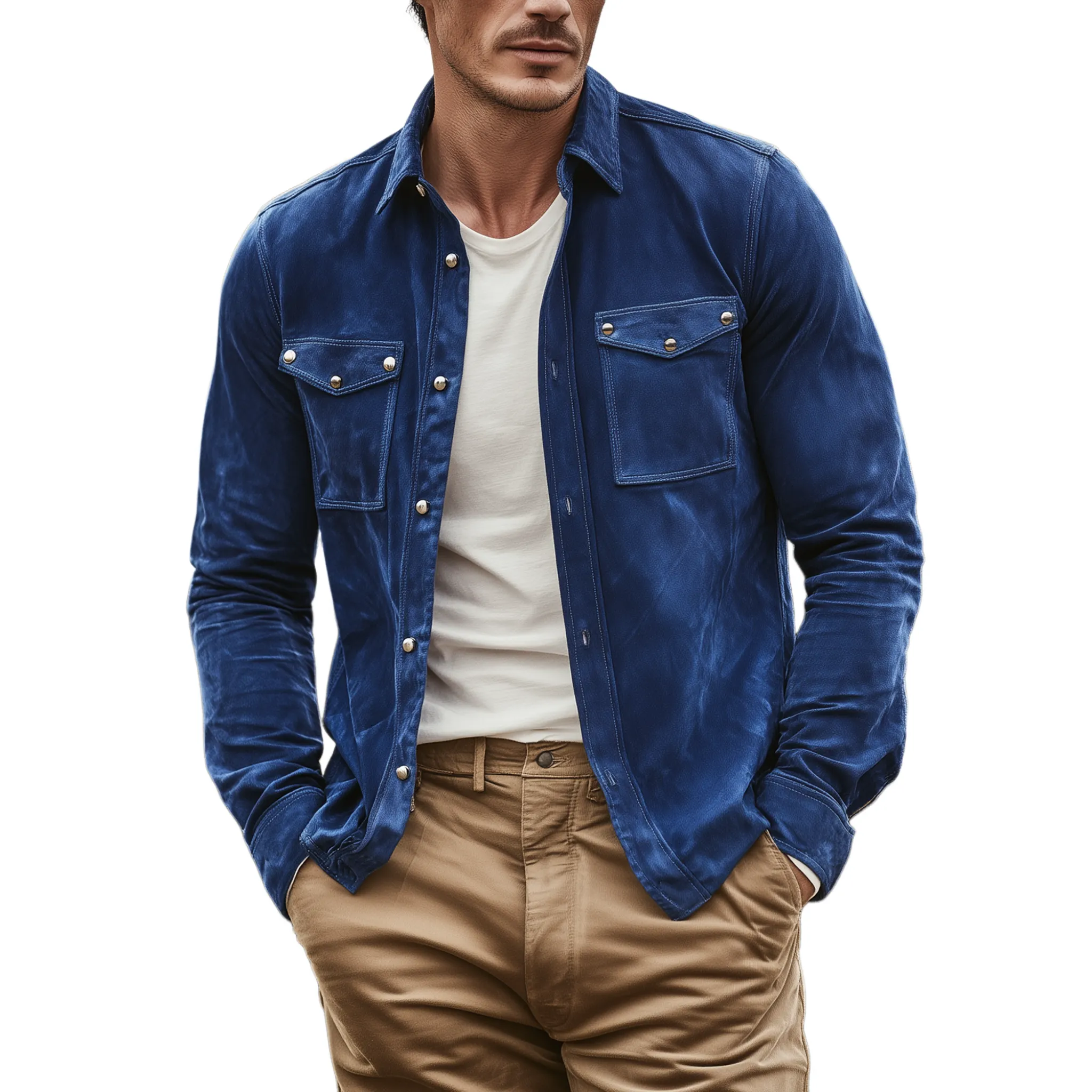 Men's Fashion Casual Pocket Decoration Metal Rivet Suede Long Sleeve Shirt MTA0104H0K sold by Manly