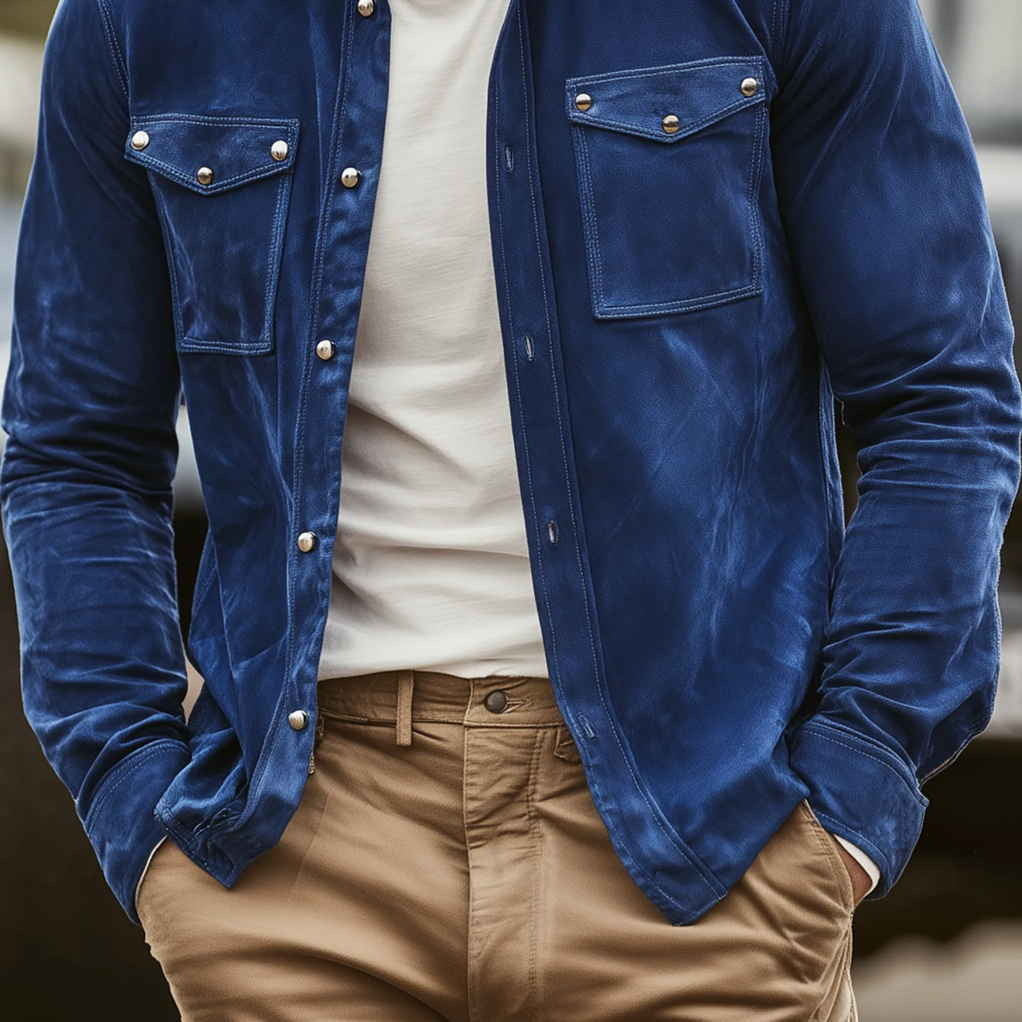 Men's Fashion Casual Pocket Decoration Metal Rivet Suede Long Sleeve Shirt MTA0104H0K sold by Manly product image thumbnail 4