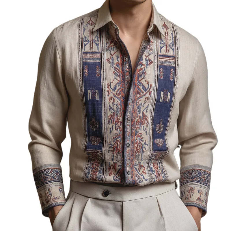 Men's Retro Casual Ethnic Style Geometric Print Lapel Long Sleeve Shirt MTA3170G4TO sold by Manly