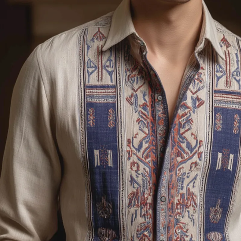 Men's Retro Casual Ethnic Style Geometric Print Lapel Long Sleeve Shirt MTA3170G4TO sold by Manly product image thumbnail 3