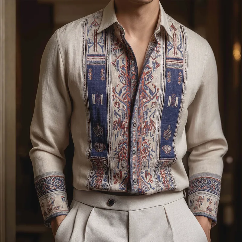 Men's Retro Casual Ethnic Style Geometric Print Lapel Long Sleeve Shirt MTA3170G4TO sold by Manly product image thumbnail 2