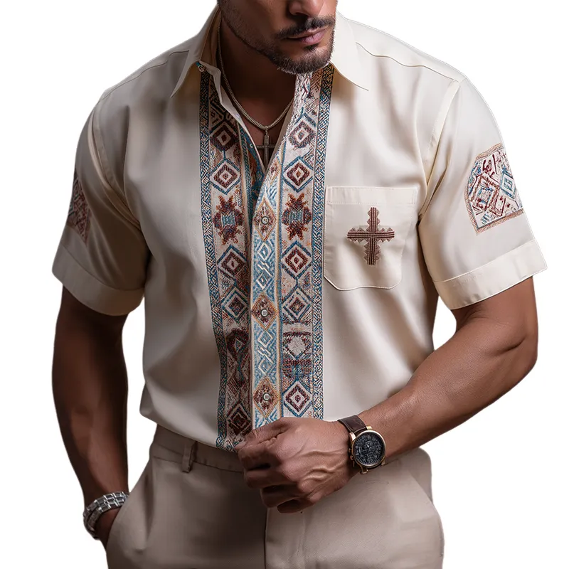 Men's Retro Casual Ethnic Style Geometric Print Lapel Short Sleeve Shirt MTA3111G0TO sold by Manly