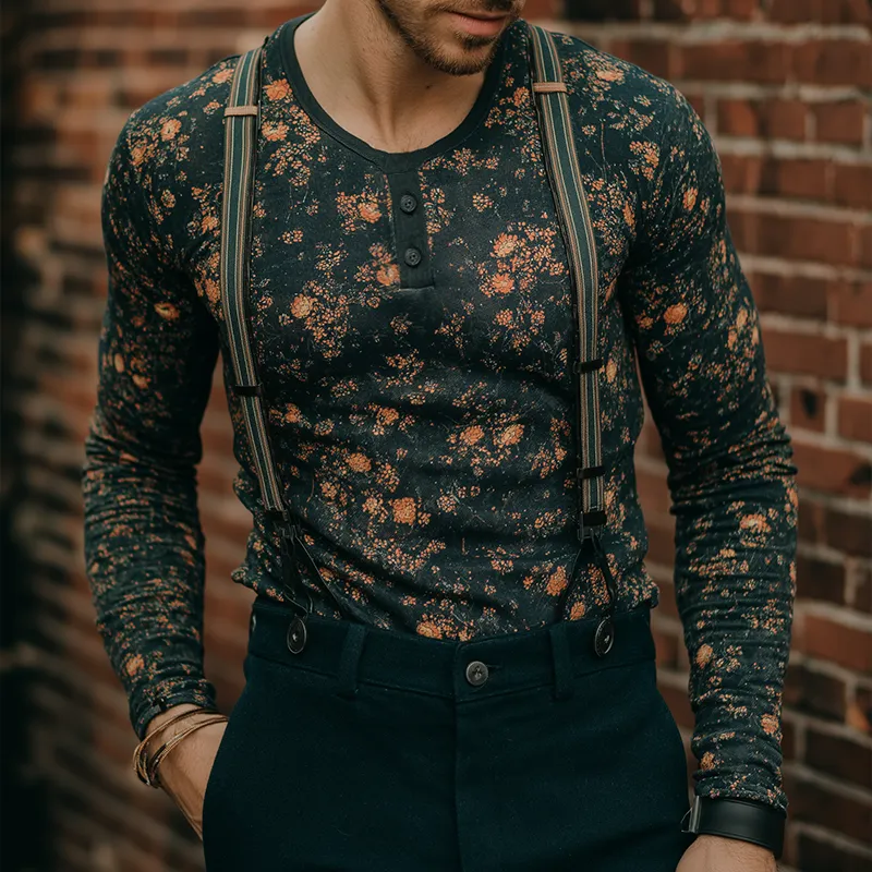 Men's Retro Casual Floral Print Henley Long Sleeve T-Shirt MTA3163G5TO sold by Manly product image thumbnail 2