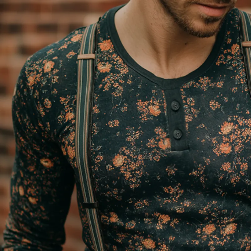 Men's Retro Casual Floral Print Henley Long Sleeve T-Shirt MTA3163G5TO sold by Manly product image thumbnail 3