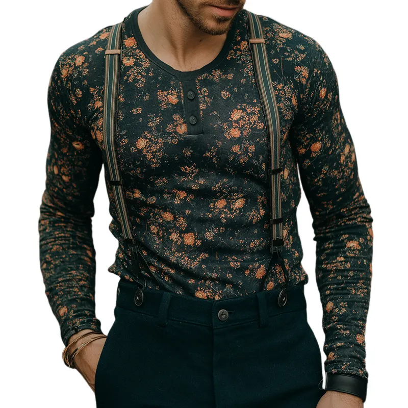 Men's Retro Casual Floral Print Henley Long Sleeve T-Shirt MTA3163G5TO sold by Manly
