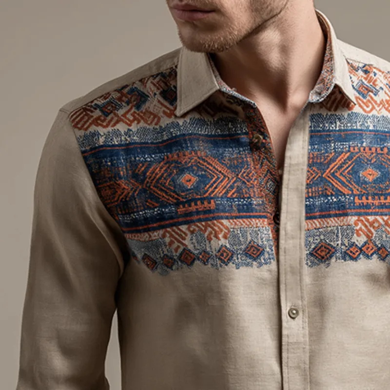 Men's Retro Casual Ethnic Style Geometric Print Lapel Long Sleeve Shirt MTA3176G4TO sold by Manly product image thumbnail 3