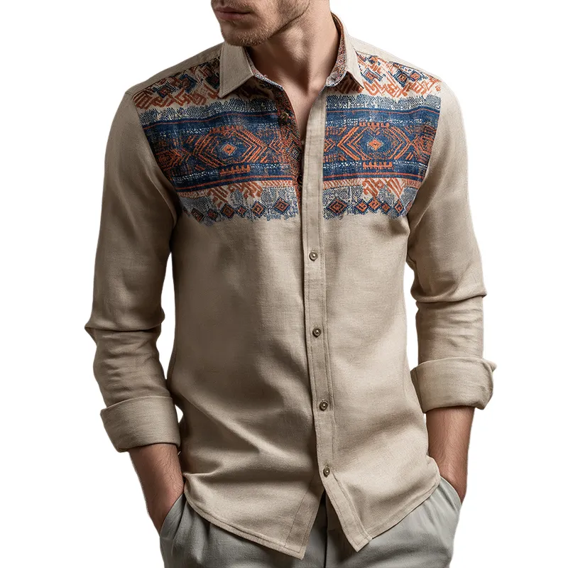 Men's Retro Casual Ethnic Style Geometric Print Lapel Long Sleeve Shirt MTA3176G4TO sold by Manly