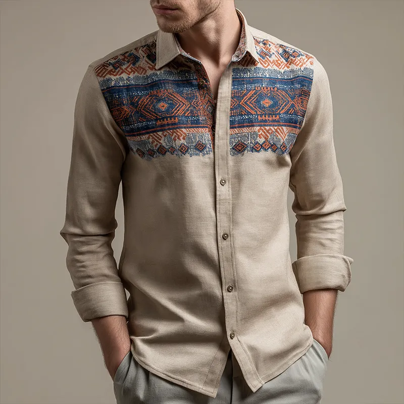 Men's Retro Casual Ethnic Style Geometric Print Lapel Long Sleeve Shirt MTA3176G4TO sold by Manly product image thumbnail 2