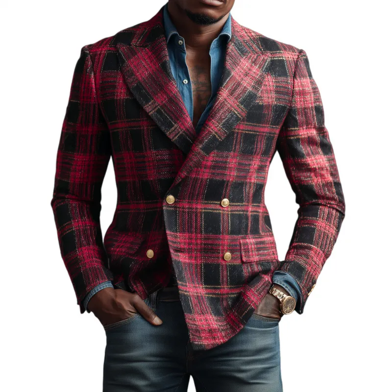 Men's Vintage Contrast Plaid Jacquard Peaked Lapel Double-Breasted Slim-Fit Blazer MTA2895G2M sold by Manly