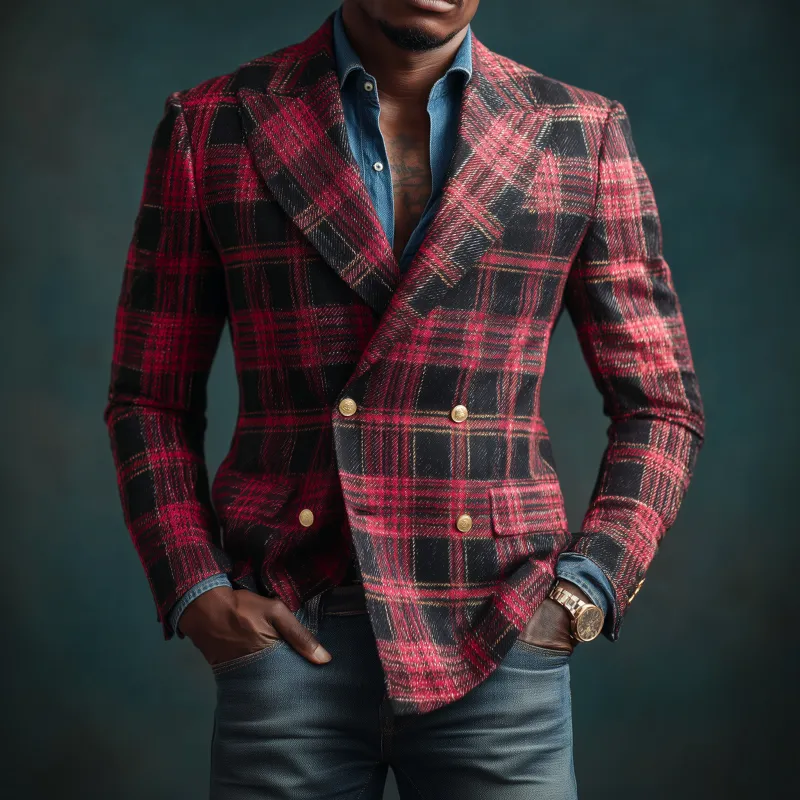 Men's Vintage Contrast Plaid Jacquard Peaked Lapel Double-Breasted Slim-Fit Blazer MTA2895G2M sold by Manly product image thumbnail 2