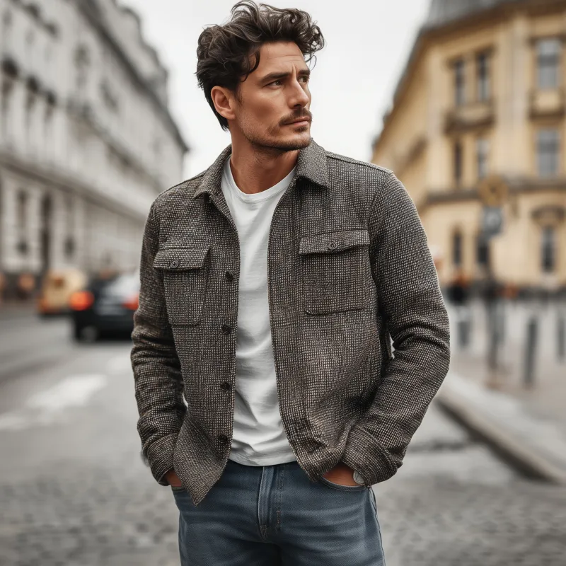 Men's Vintage Check Lapel Single Breasted Flap Pocket Loose Long Sleeve Shirt Jacket MTA1755G9M sold by Manly product image thumbnail 3