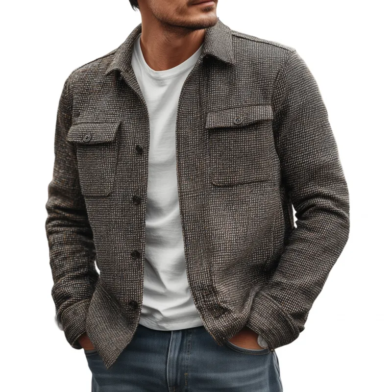 Men's Vintage Check Lapel Single Breasted Flap Pocket Loose Long Sleeve Shirt Jacket MTA1755G9M sold by Manly