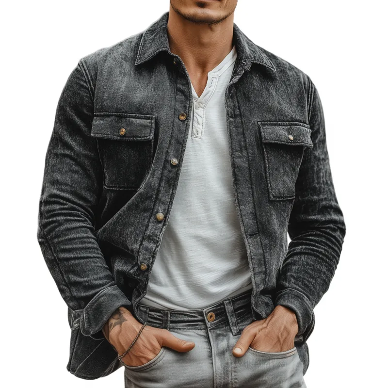 Men's Casual Chenille Fabric Lapel Flap Pocket Single Breasted Loose Long Sleeve Shirt Jacket MTA1764G9M sold by Manly