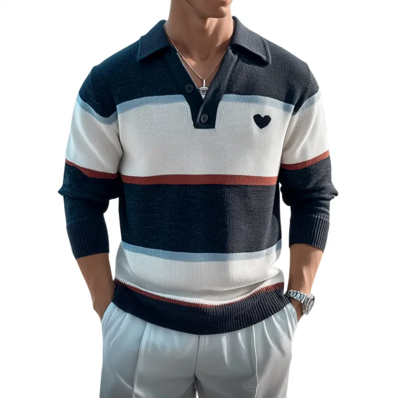 Men's Casual Breathable Lapel Contrast Striped Loose Knit Long-sleeved Polo Shirt MTA3193G2M sold by Manly