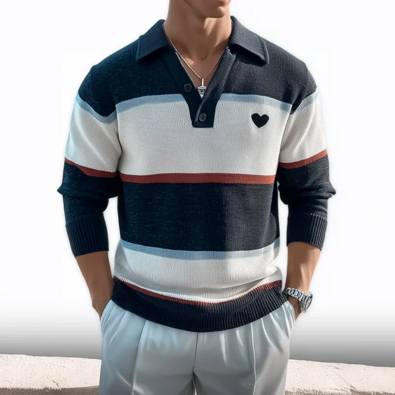 Men's Casual Breathable Lapel Contrast Striped Loose Knit Long-sleeved Polo Shirt MTA3193G2M sold by Manly product image thumbnail 2