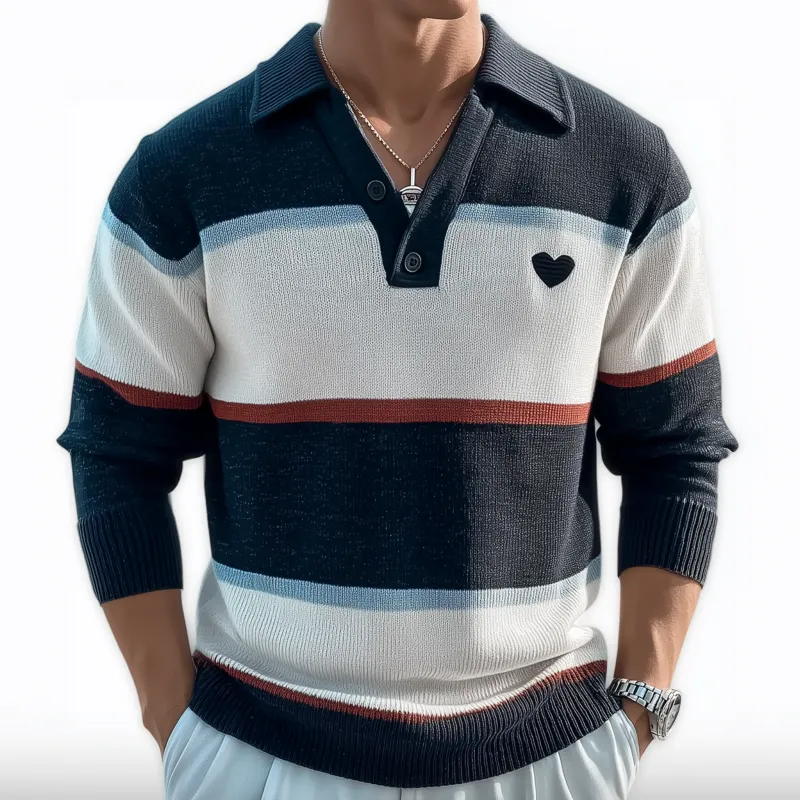 Men's Casual Breathable Lapel Contrast Striped Loose Knit Long-sleeved Polo Shirt MTA3193G2M sold by Manly product image thumbnail 3