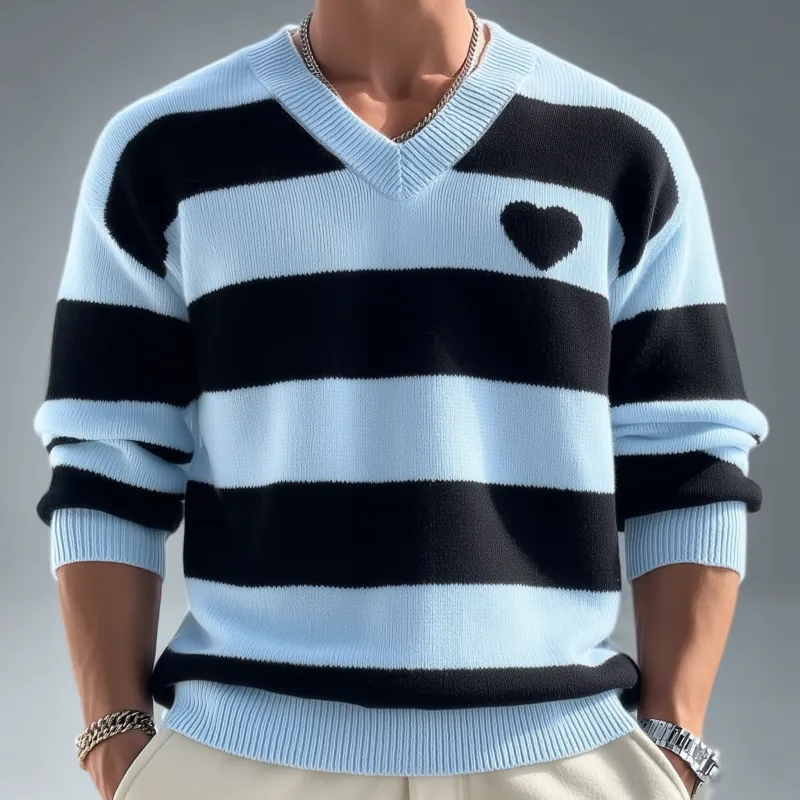 Men's Casual V-neck Contrast Striped Loose Knitted Long-sleeved Sweater MTA3127G5M sold by Manly product image thumbnail 3