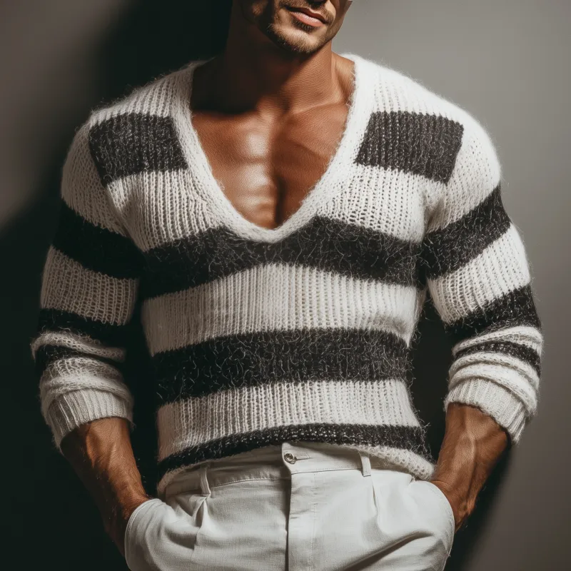 Men's Casual Deep V-neck Contrast Striped Slim Fit Knitted Long-sleeved Sweater MTA3152G3M sold by Manly product image thumbnail 2