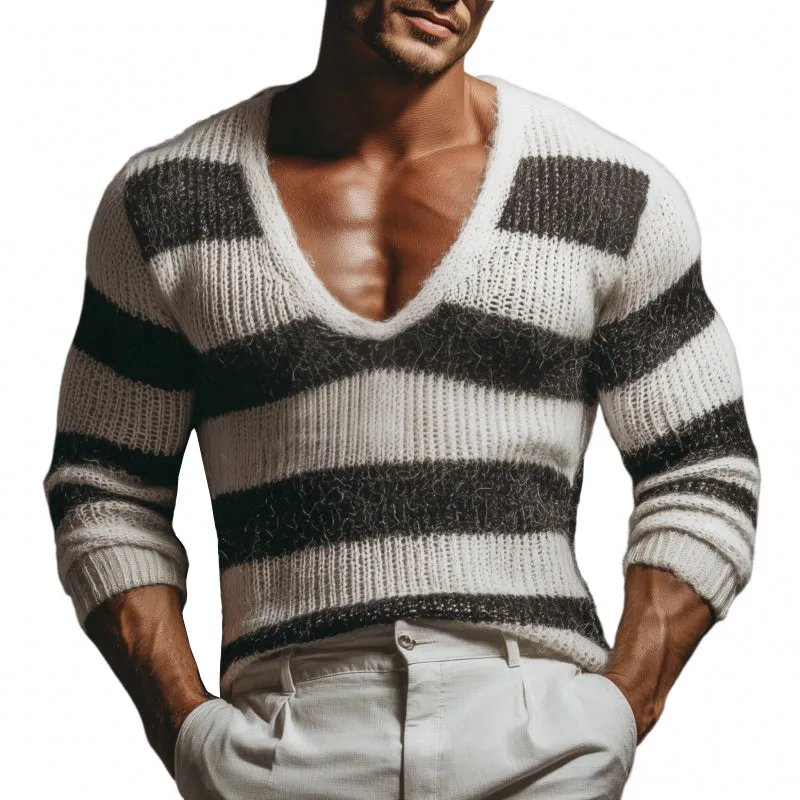Men's Casual Deep V-neck Contrast Striped Slim Fit Knitted Long-sleeved Sweater MTA3152G3M sold by Manly