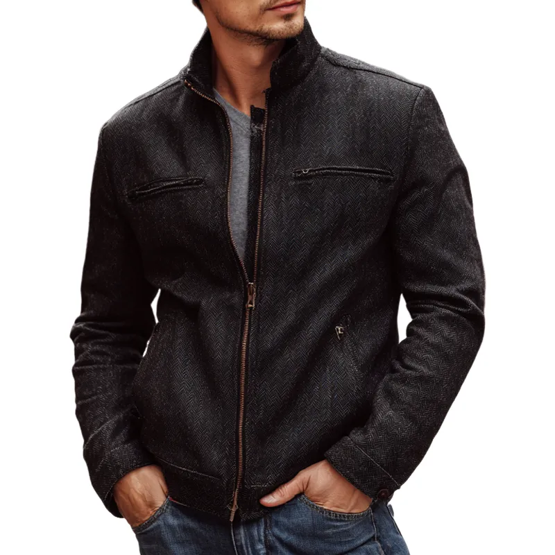 Men's Vintage Herringbone Textured Stand Collar Jacket MTA0156H3X sold by Manly