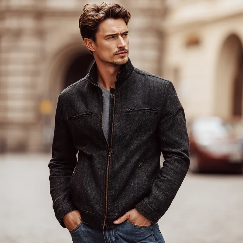 Men's Vintage Herringbone Textured Stand Collar Jacket MTA0156H3X sold by Manly product image thumbnail 3