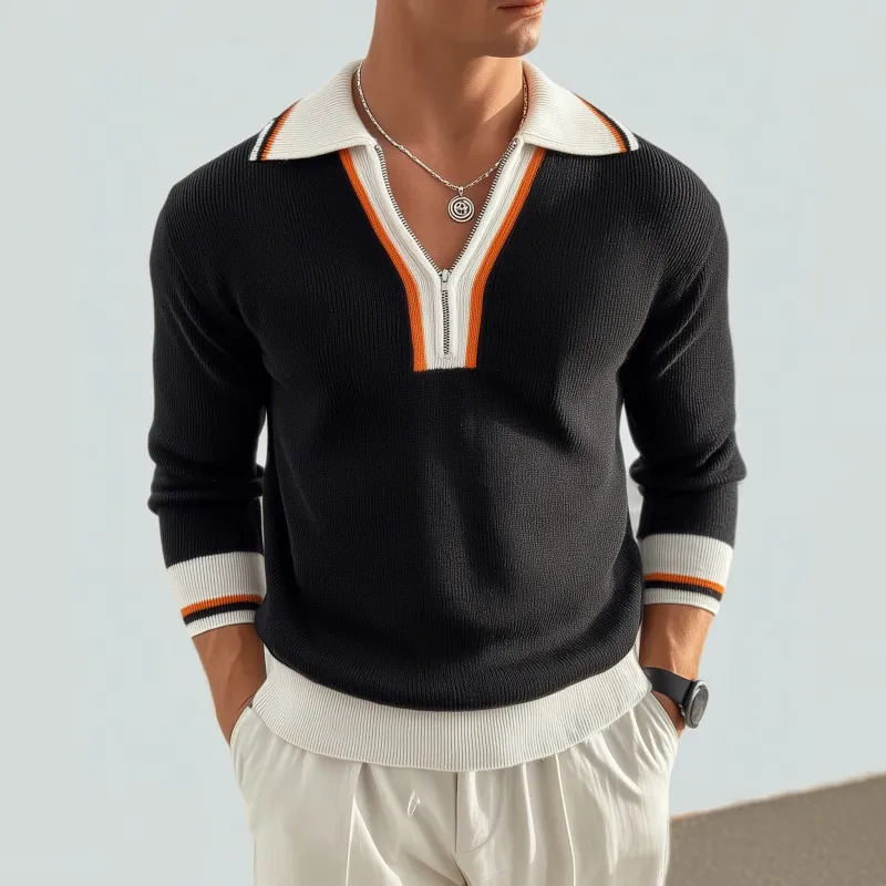 Men's Casual Contrast Color Zipper Lapel Slim Fit Knitted Long Sleeve Polo Shirt MTA3105G3M sold by Manly product image thumbnail 2