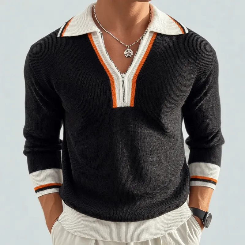 Men's Casual Contrast Color Zipper Lapel Slim Fit Knitted Long Sleeve Polo Shirt MTA3105G3M sold by Manly product image thumbnail 3