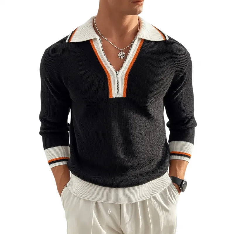 Men's Casual Contrast Color Zipper Lapel Slim Fit Knitted Long Sleeve Polo Shirt MTA3105G3M sold by Manly