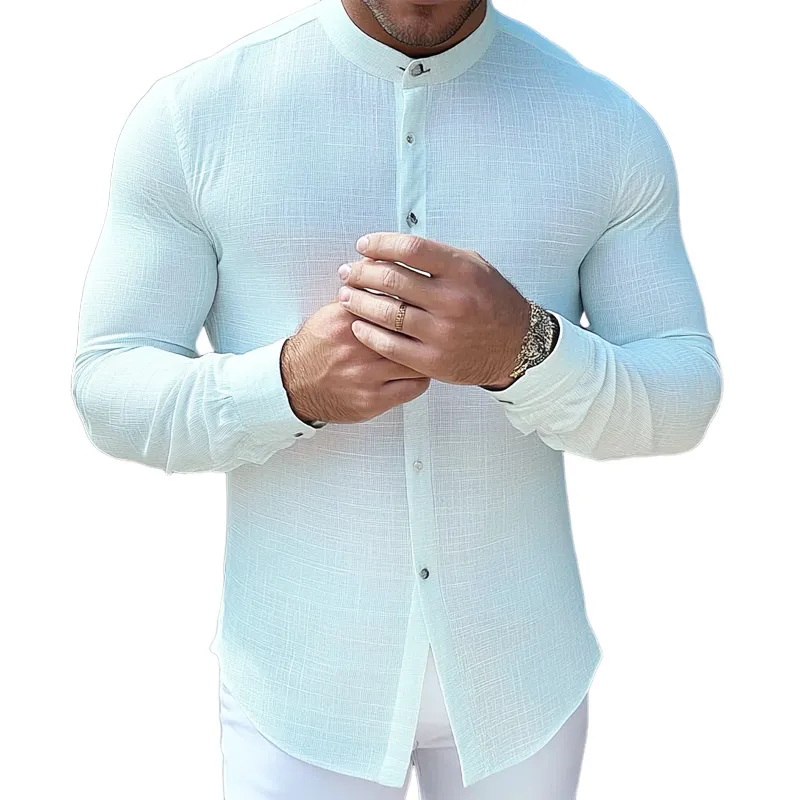 Men's Cotton And Linen Stand Collar Long Sleeve Shirt MTA3139G6X sold by Manly