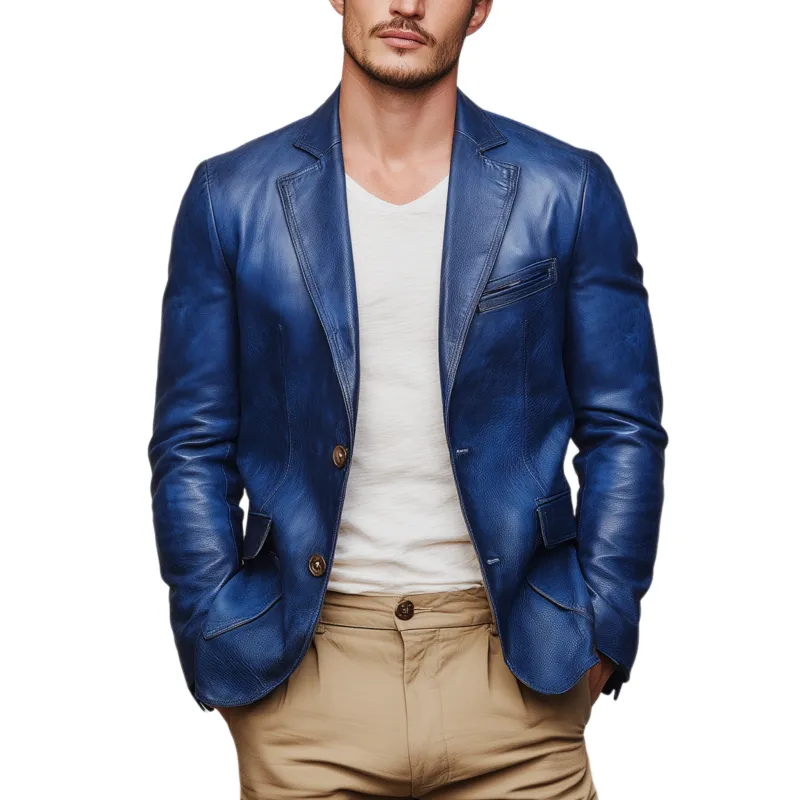 Men's Fashion Vintage Leather Single-breasted Slim-fit Blazer MTA0483H1K sold by Manly