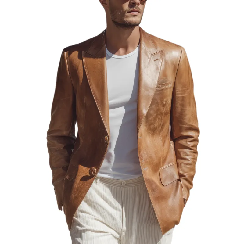 Men's Fashion Retro Textured Leather Single-breasted Slim-fit Blazer MTA0458H1K sold by Manly