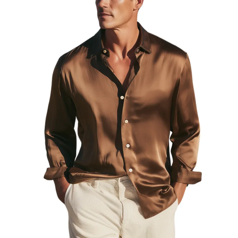 Men's Classic Casual Satin Solid Lapel Long-sleeved Shirt MTA0441H5K sold by Manly
