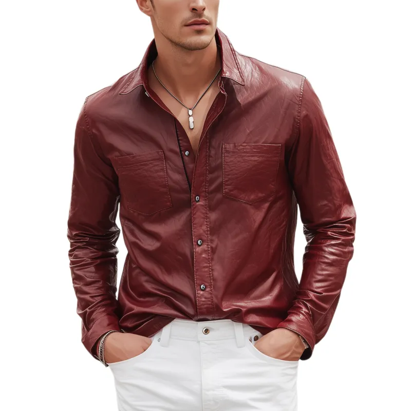 Men's Fashion Casual Pu Leather Slim Fit Metal Button Long Sleeve Shirt MTA0453H3K sold by Manly