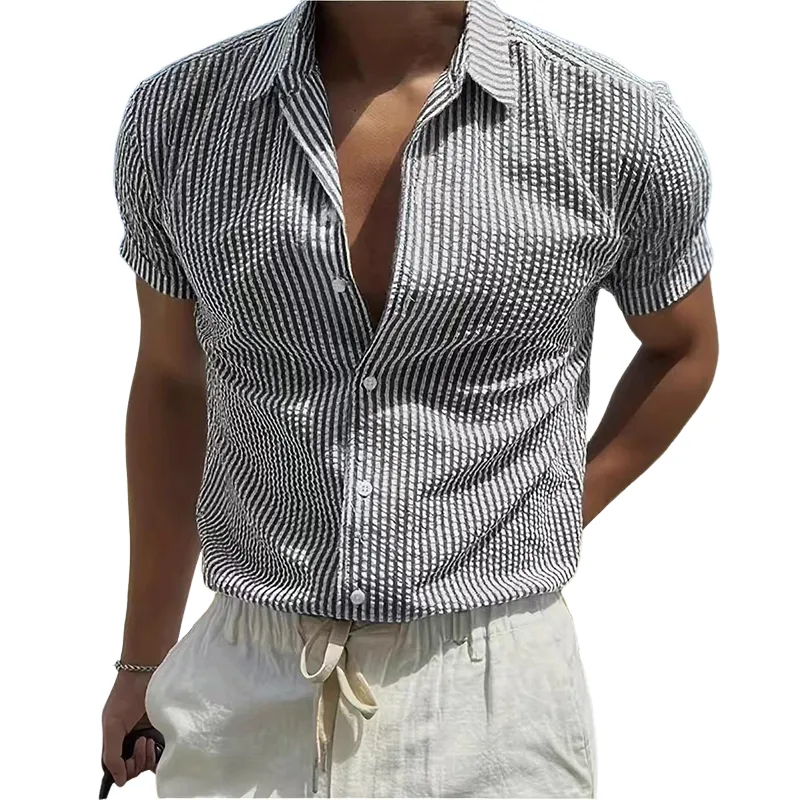 Men's Stripe Print Casual Lapel Short Sleeve Shirt MTA0440H6X sold by Manly product image thumbnail 5