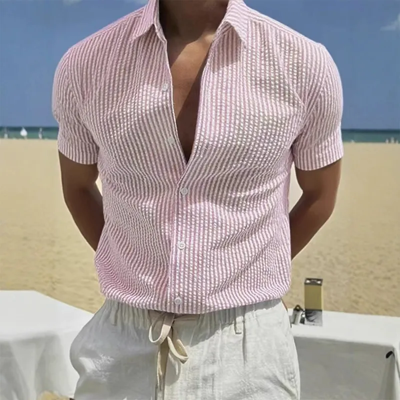 Men's Stripe Print Casual Lapel Short Sleeve Shirt MTA0440H6X sold by Manly product image thumbnail 4