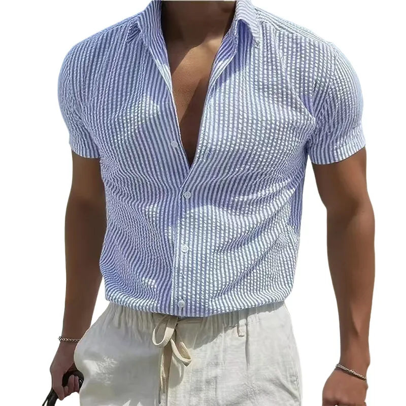 Men's Stripe Print Casual Lapel Short Sleeve Shirt MTA0440H6X sold by Manly