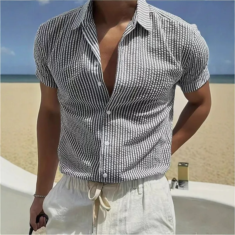Men's Stripe Print Casual Lapel Short Sleeve Shirt MTA0440H6X sold by Manly product image thumbnail 3