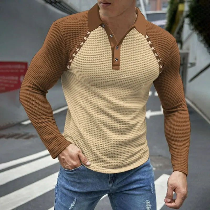 Men's Colorblock Waffle Texture Long Sleeve Polo Shirt MTA0434H9U sold by Manly product image thumbnail 2