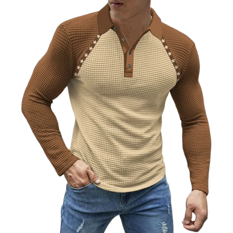 Men's Colorblock Waffle Texture Long Sleeve Polo Shirt MTA0434H9U sold by Manly