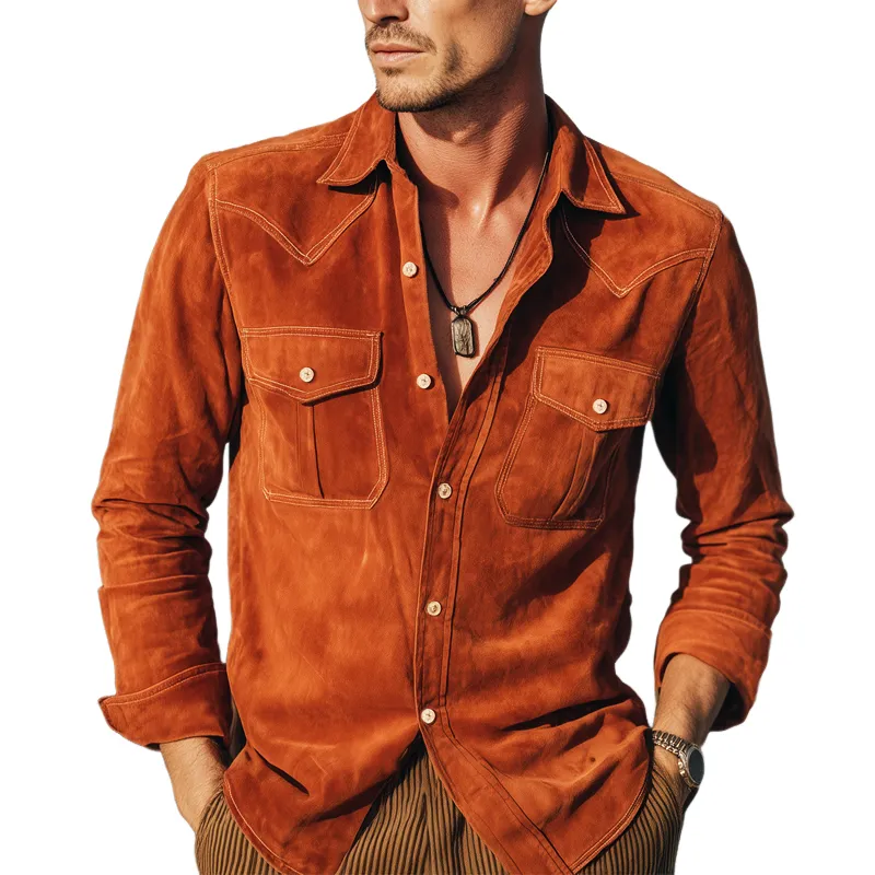 Men's Spring And Autumn Basic Orange Suede Long Sleeve Shirt MTA0470H2U sold by Manly