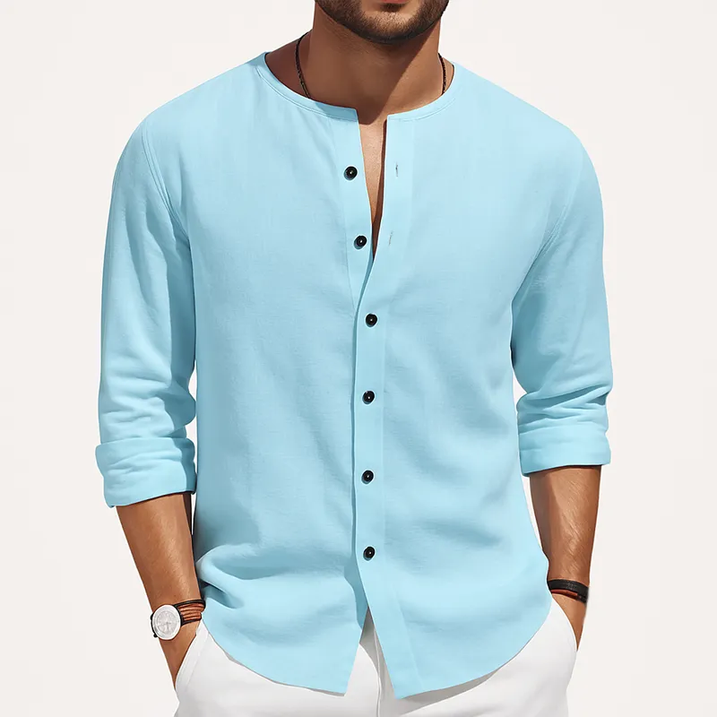 Men's Basic Solid Color Round Neck Cotton And Linen Long-sleeved Shirt MTA0455H6U sold by Manly product image thumbnail 3